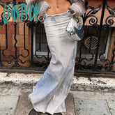 Lunivop Woman Denim Maxi Slim A-Line Low Waist Skirt Tie-Dyed Pleated Wash Tassels Slit Basic